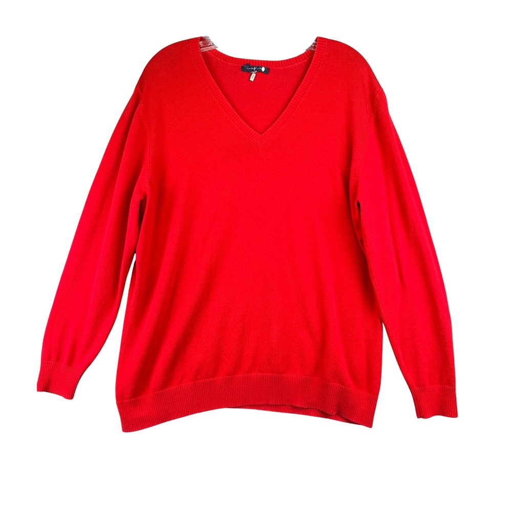 Lands End Womens Red V-Neck Long Sleeve Knit Pullover Sweater Size XL